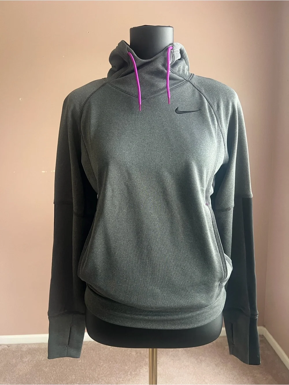 Nike Women's Dark Gray Hoodie with Purple Drawstrings